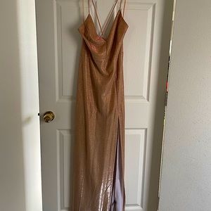 Strappy slit cut sparkly gown